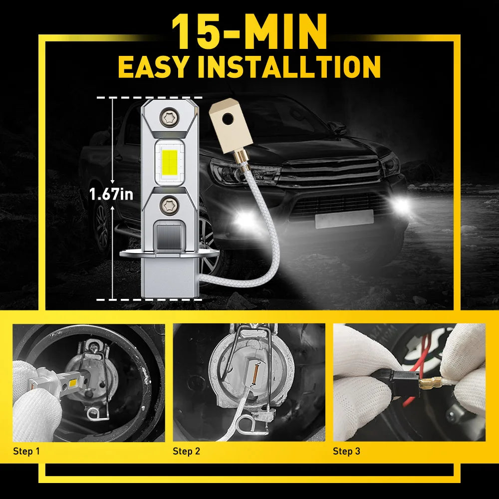 AUXITO 2Pcs H3 LED Bulb Lamp Car Fog lights Driving Running Lamp Headlight DRL Auto Light 12V 1:1 Mini Design 6500K White Yellow