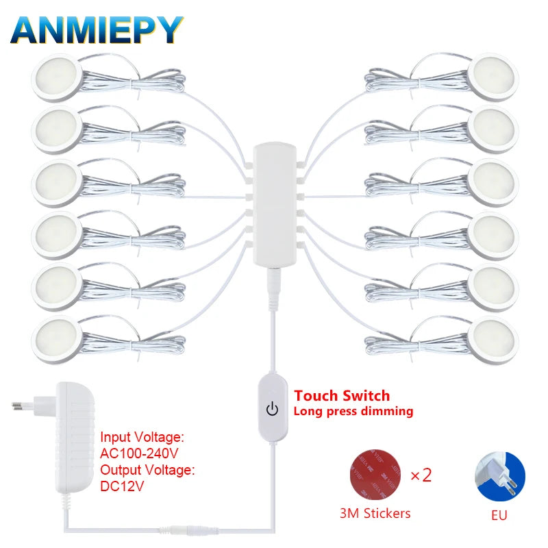 LED Under Cabinet Puck Lights DC12V Touch Dimmable Round 3W/5W Warm/Natural/Cool White Set