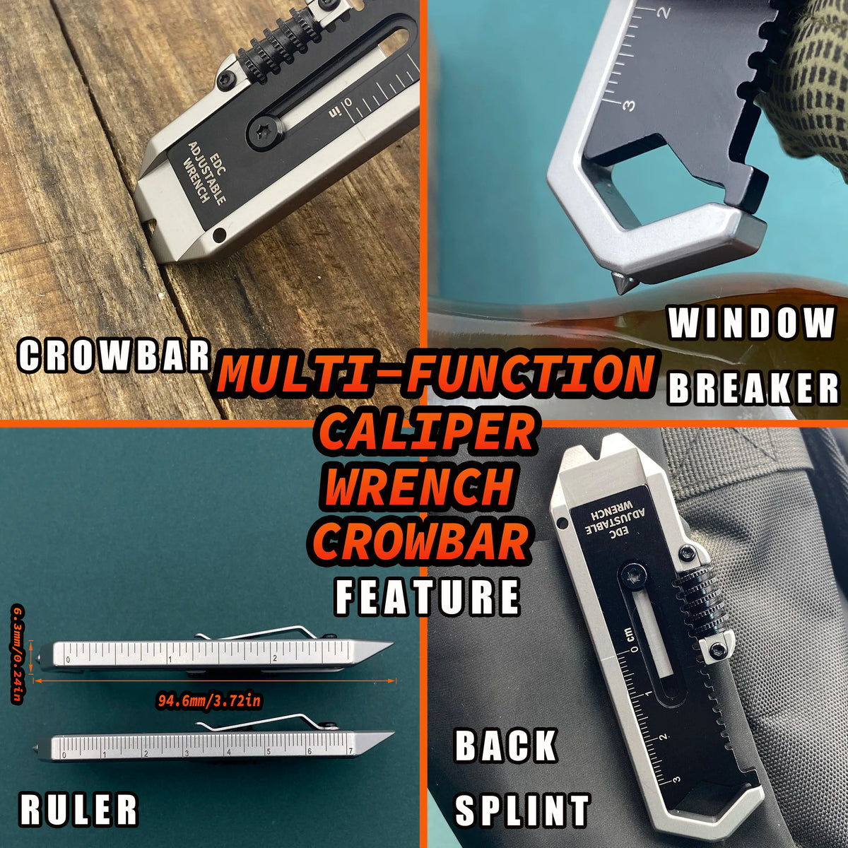 Multi-functional Mini crowbar 9 in 1multi-tool adjustable wrench EDC caliper Measuring ruler Pry bar Pocket outdoor camping tool