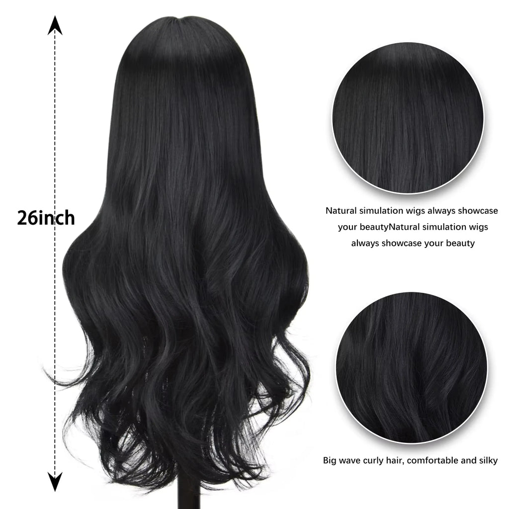Long wavy synthetic wig 26 inch heat resistant, black or wine red or orange