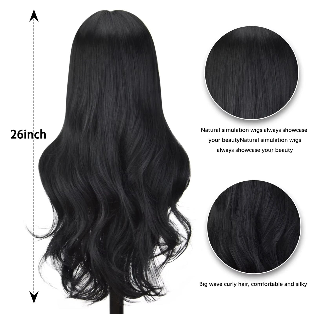 Long wavy synthetic wig 26 inch heat resistant, black or wine red or orange
