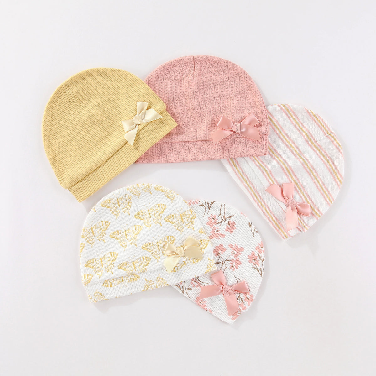 Kiddiezoom Newborn Baby Cotton Beanie Hats 5-Pack, Soft Infant Caps 0-6 Months
