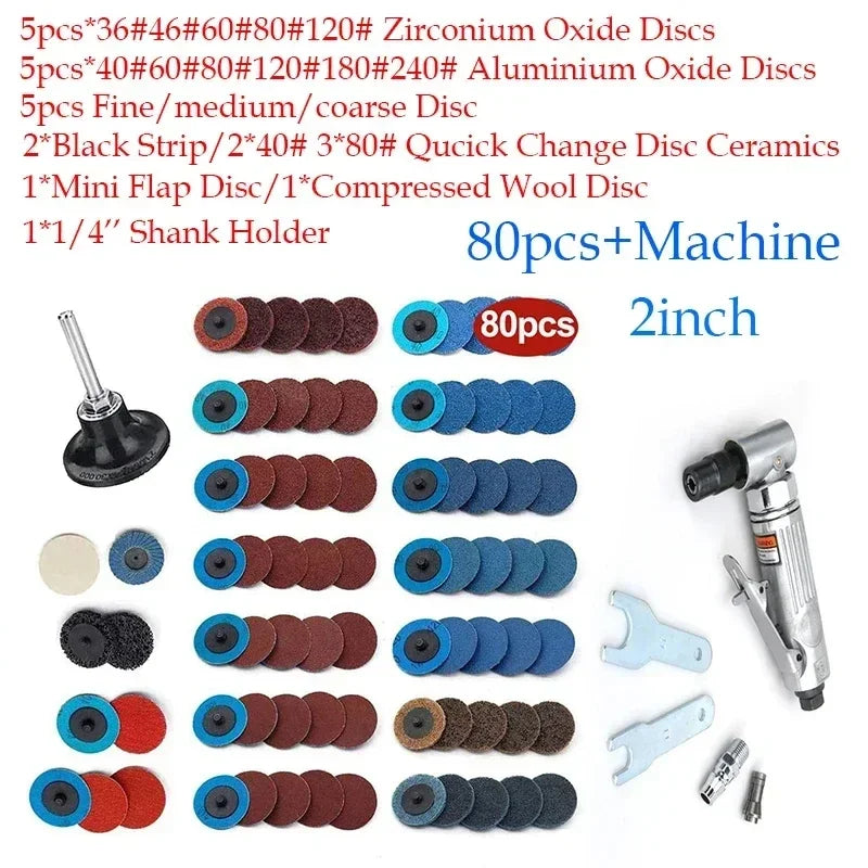 Mini 1/4 Air Angle Die Grinder 90 Degree Pneumatic Grinding Polisher Mill Engraving Machine Carving Tool Kit with Sanding Discs