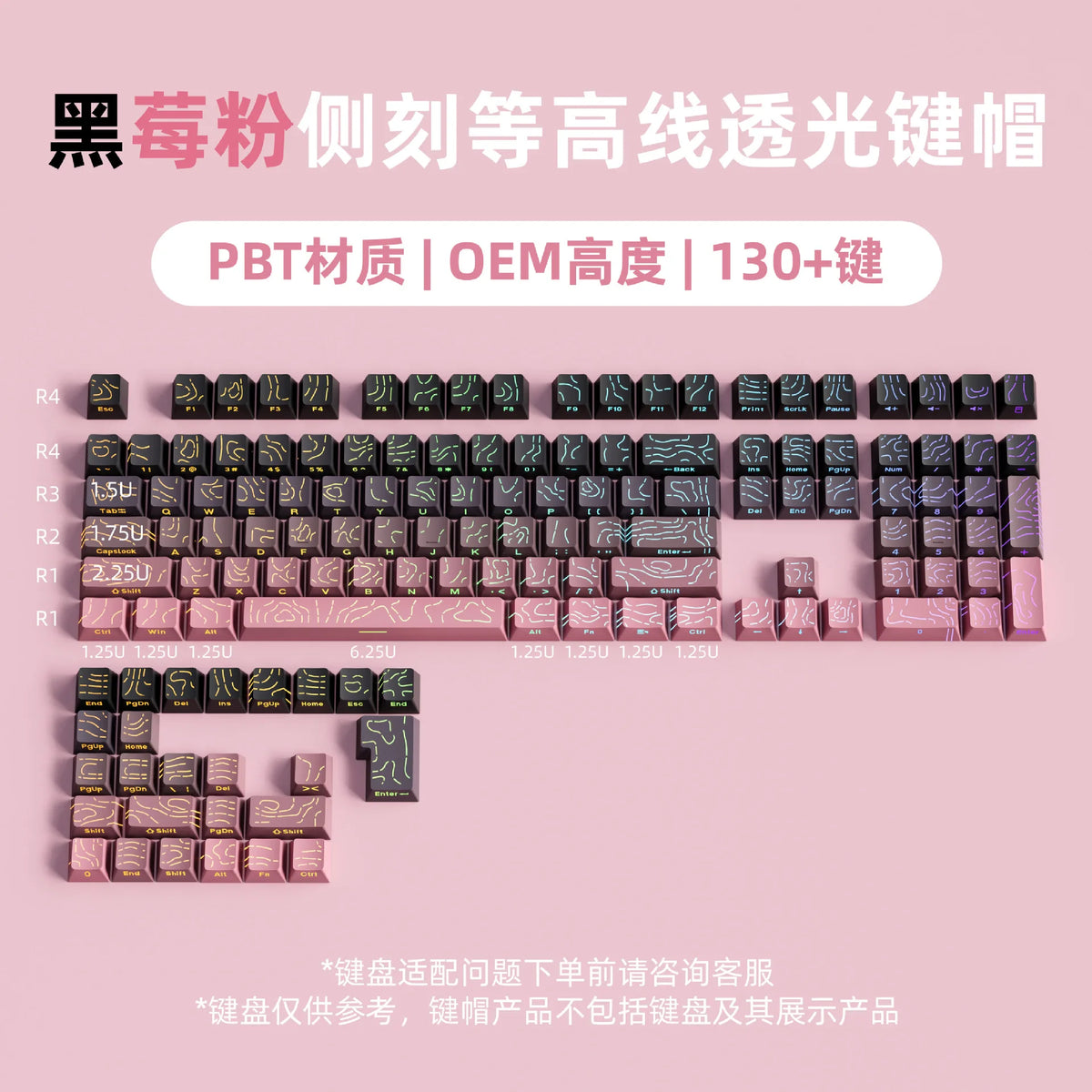 2025 Super Contour PBT Keycaps Side Glow Light Mechanical Keyboard Original Factory Height for 61/68/75/84/87 Keys Game Keyboard