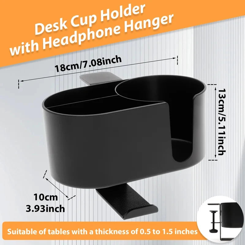 4-in-1 Clip-On Desk Cup Holder with Headphone Hanger, Adjustable Black