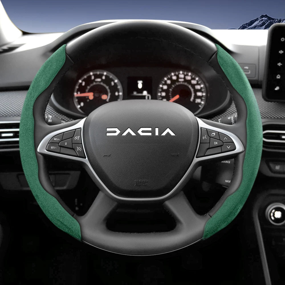 Suitable for Dacia Sports Suede Steering Wheel Cover, Split Snap-On Anti-Slip Style, for Models Such as Sandero Stepway, Duster, Jogger, Bigster, Spring, Electric, Cargo, Logan, Etc., in Black, Brown, Mocha, and Red Co