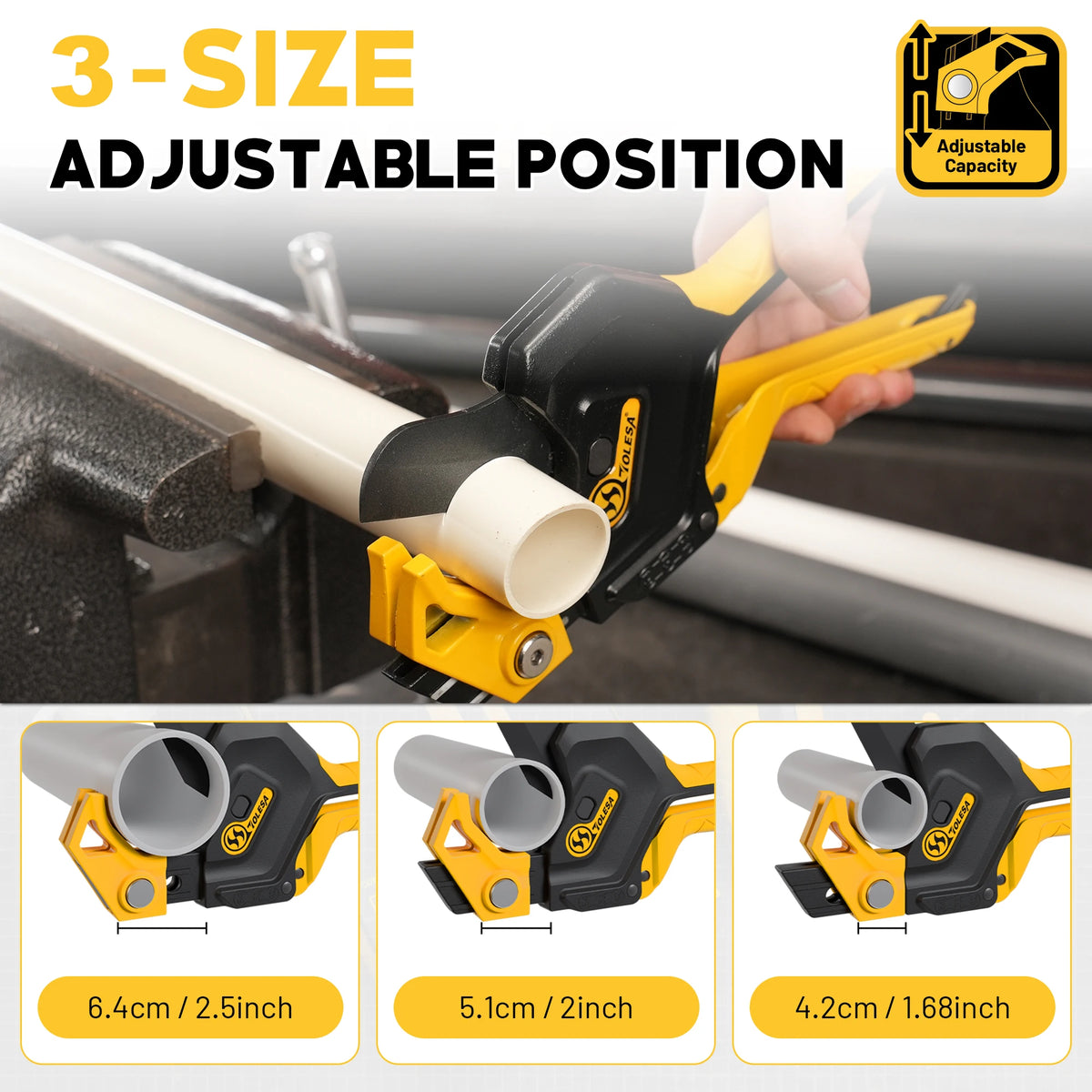 TOLESA 3-Gear Adjustable PVC Pipe Cutter, Pex Cutter Pipe Cutter Up to 2-1/2”, Ratchet Pipe Cutter Tool for PVC, PPR, PE, PEX