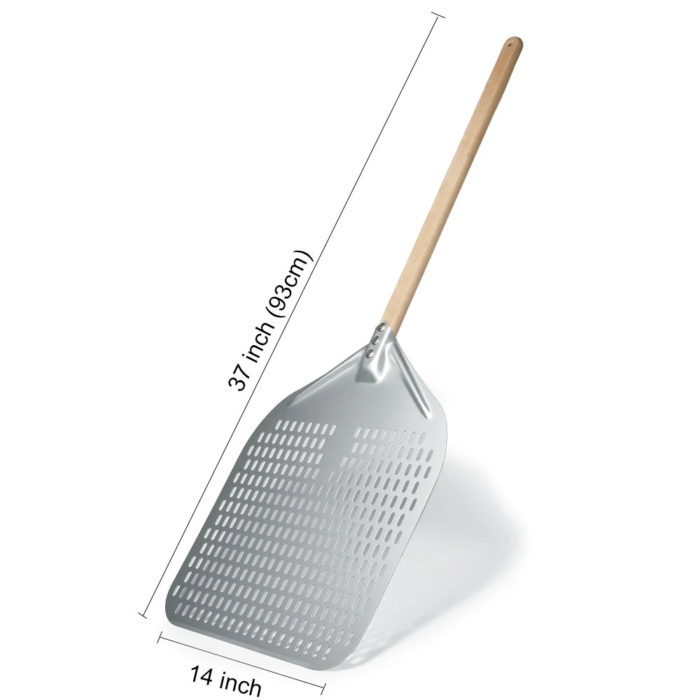 SHANGPEIXUAN Perforated Pizza Peel with Turning Pizza Peel Wood Handle Pizza Shovel Anodized Short Spatulas Baking Tools