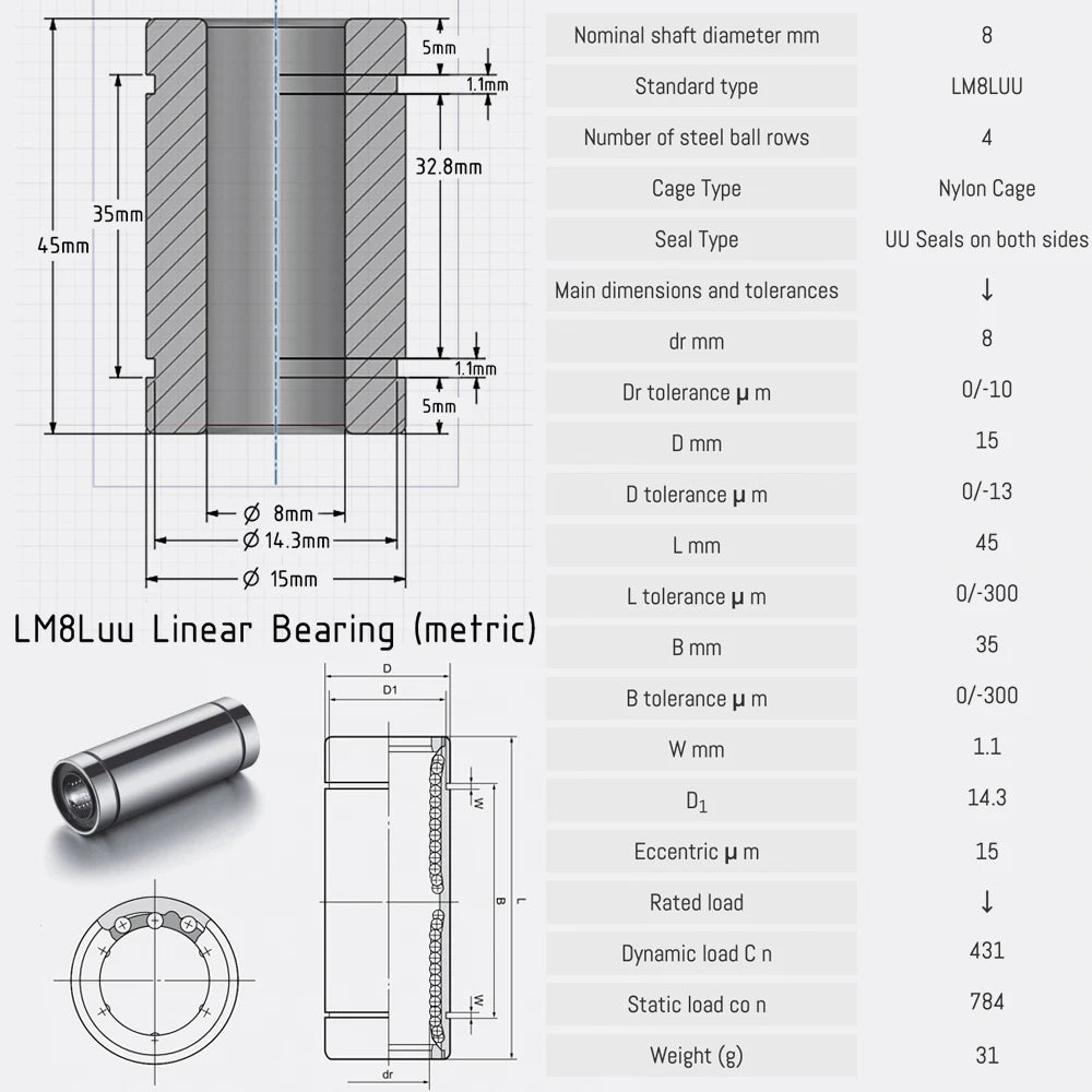 LM8uu LM8luu Linear Bearing Black Chrome Plated Rod Bushing for THE 100 3D Printer Prusa I3 Mk3S Maker TWCS Throttle Upgrade