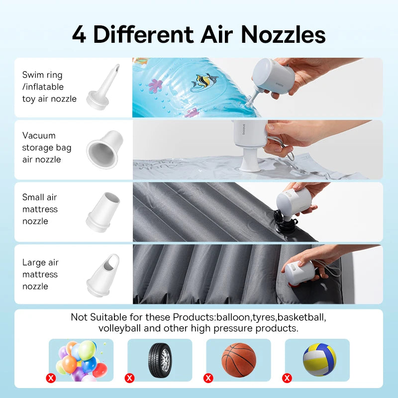 Baseus Mini Air Pump Portable Electric Inflator Wireless Air Mattress Pump with LED Camping Light for Swim Ring Vacuum Bag