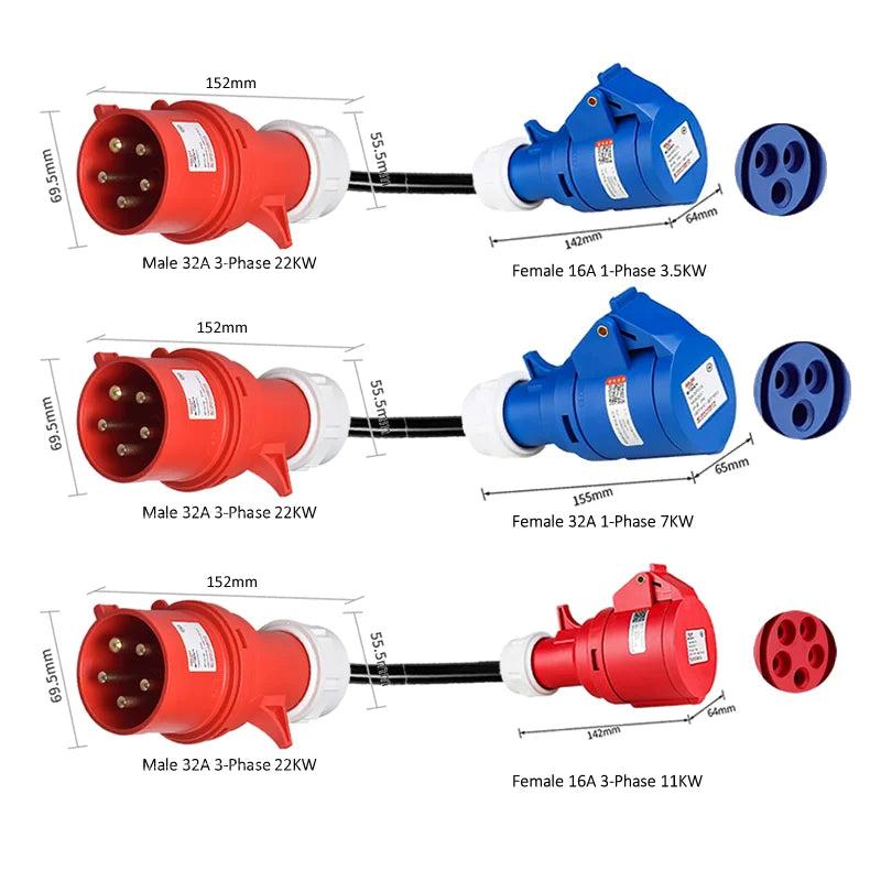 Electric vehicle charging adapter CEE Plug 16A/32A Red to Socket Blue 1-phase 32A 7KW 16A 3.5KW Red 3-Phase 16A 11KW 32A 22KW