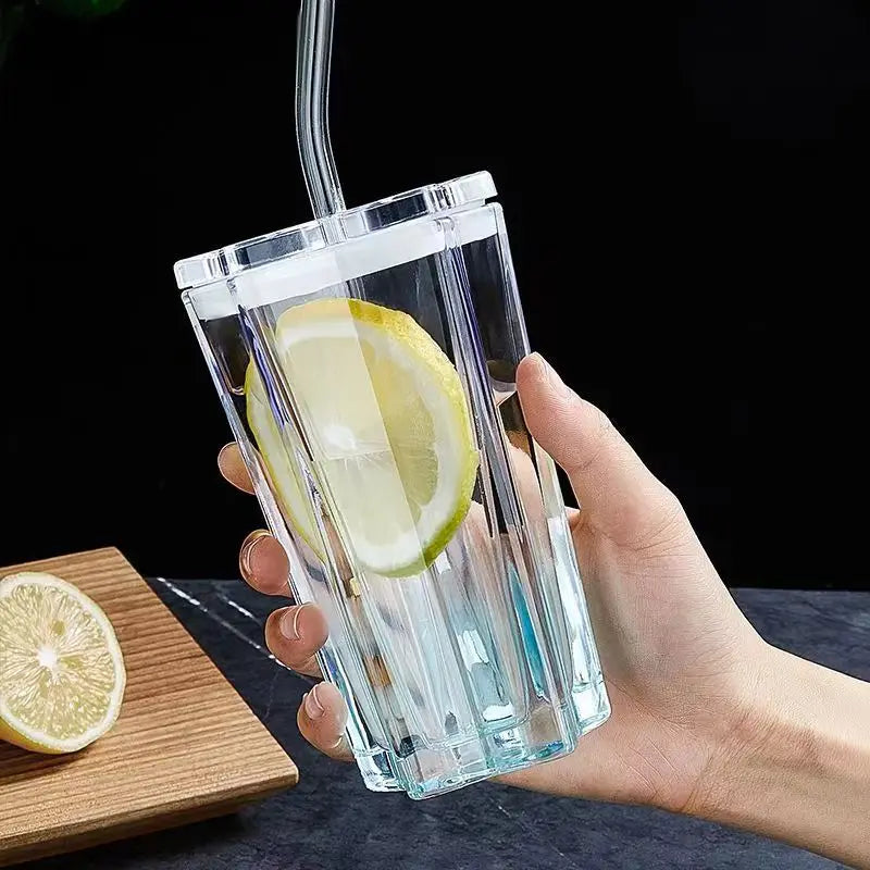 300ml Five-Pointed Star Glass Cup With Straw Color Gradient Cups Cold Drink Cup Coffee With Lid Drinking Cup Drinkware