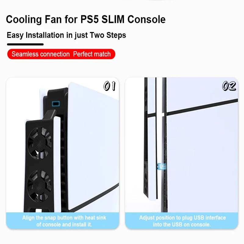 Gaming Cooler Fan Efficient Cooling System with LED Light Noise Reduction for PS5 Slim Cooling Fan Disc and Digital Console