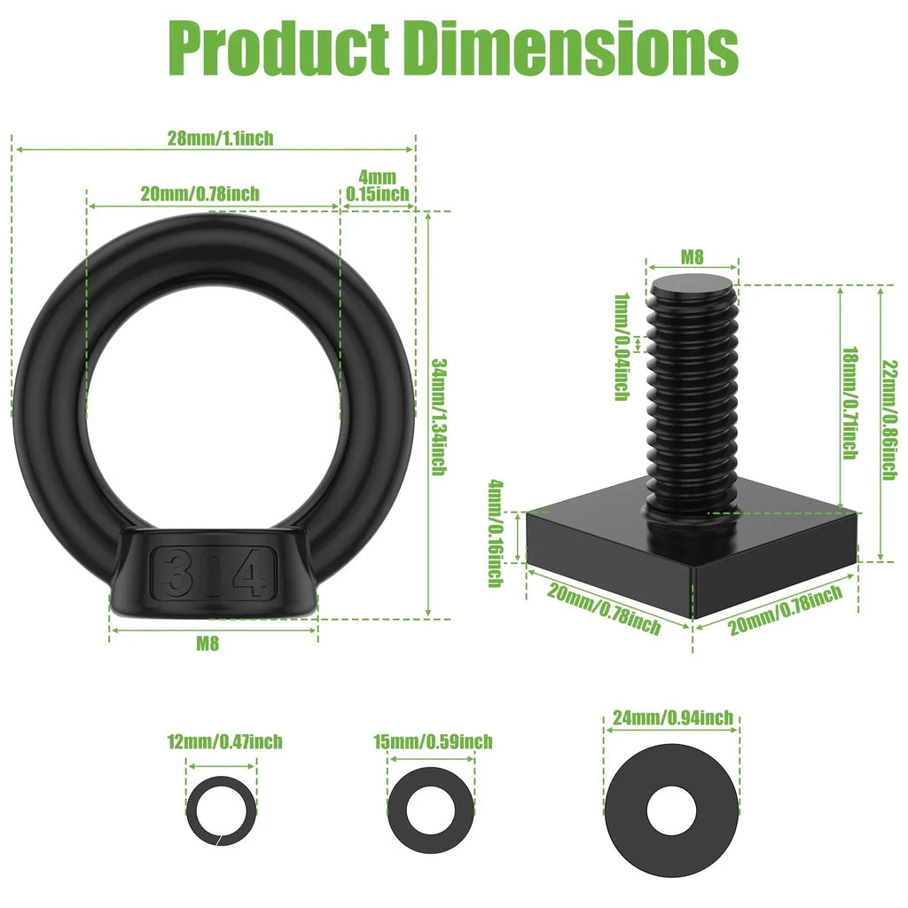 4pcs Stainless Steel T-Track Tie Down Anchors M8 Ring Eye Bolts, Black