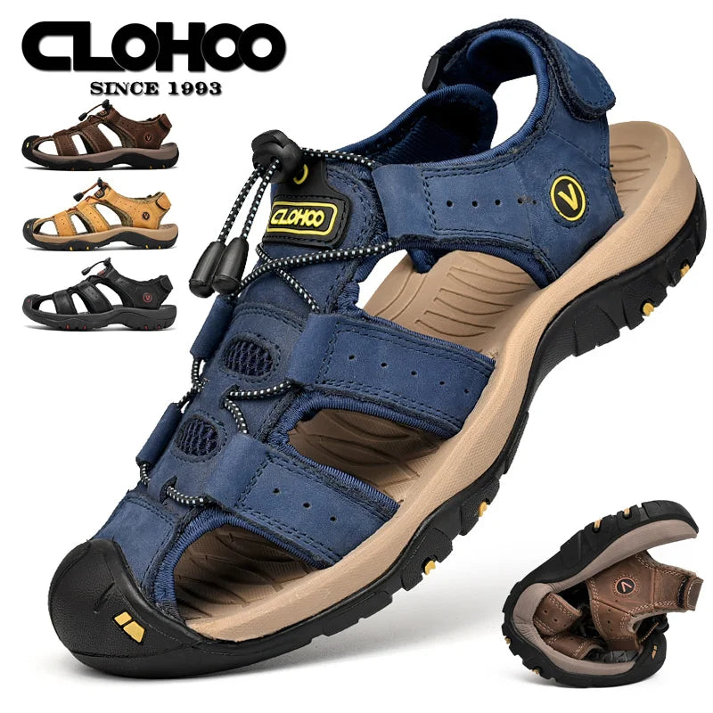 CLOHOO Men's Sandals Handmade Thick Bottom Rubber Breathable Casual Slip-On Beach Shoes Leather Upgraded Version