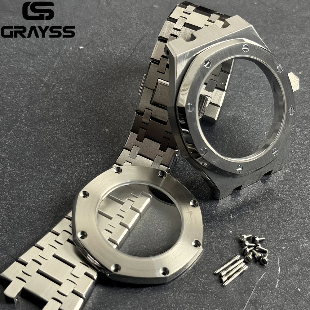 For Octagonal Stainless Steel 42mm Automatic Watch Case MOD Bracelet Transparent Back Sapphire Fit NH34 NH35 NH36 NH38 NH70 NH72