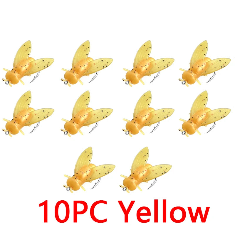10PCS 10/20mm PVC Fly Fishing Flies Soft Rubber Fly Fishing Lures Lifelike Flies Insects Lures Barbed Hooks Fishing Accessories