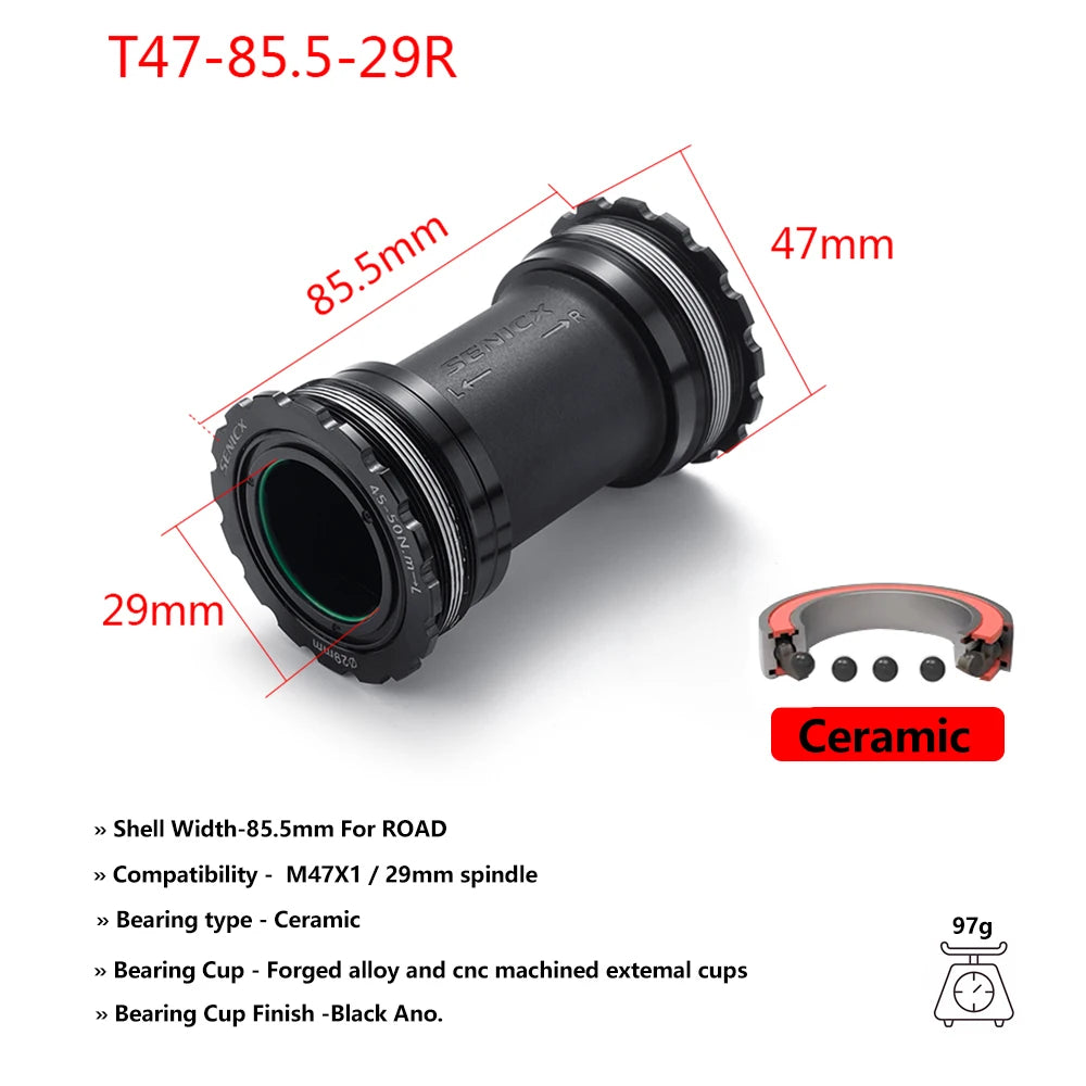 T47 Threaded Bottom Bracket for Road Bikes Ceramic/Steel Bearings Smooth Pedaling 68/77/85.5mm Axle Compatibility 24mm & DUB