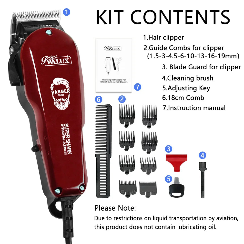WALUX 10W Professional AC Powerful Hair Clipper EU Plug Or US Plug Hair Trimmer with 8 Guide Combs 2M Cord Home Barber Shaver