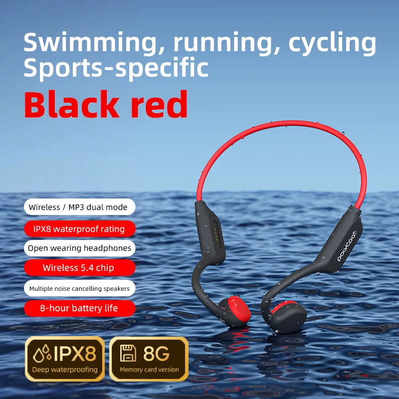 POLVCDG X7 Bone Conduction Bluetooth Swimming Headphones IPX8 Waterproof, 8GB, Blue/White/Black Red