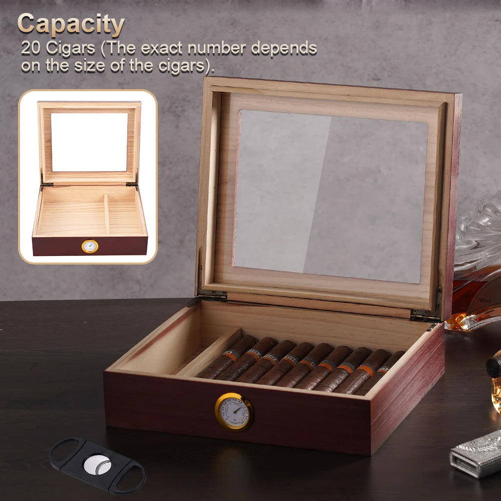 Cigar Humidor, Cedar Wood Desktop Humidors Case with Digital Hygrometer, Humidifier & Divider, Cigar Gift for Men, Glass Top Box