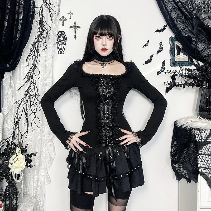 Goth Black Lace Trim Long Sleeve T-Shirts Vintage Sexy Lace-up Square Collar Tops with Choker Cross Women Autumn Tees