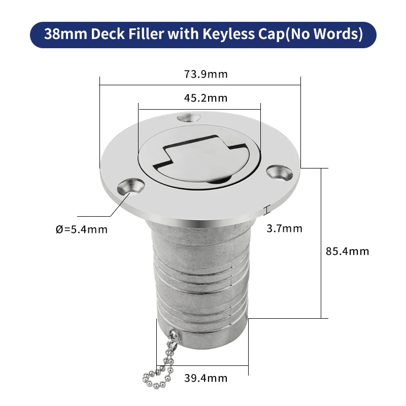 38/50mm 316 Stainless Steel Boat Deck Filler with Keyless Cap GAS DIESEL FUEL WASTE WATER Mirror Polish Marine Deck Filler Cap