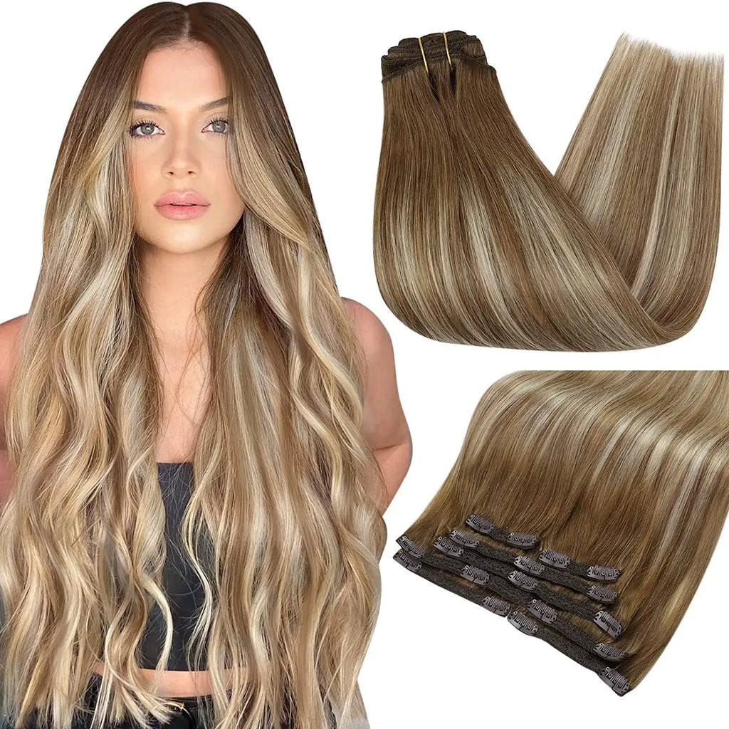 Full Shine Clip-In Human Hair Extensions Remy Double Weft 7pcs 105g Jet Black 12-24in