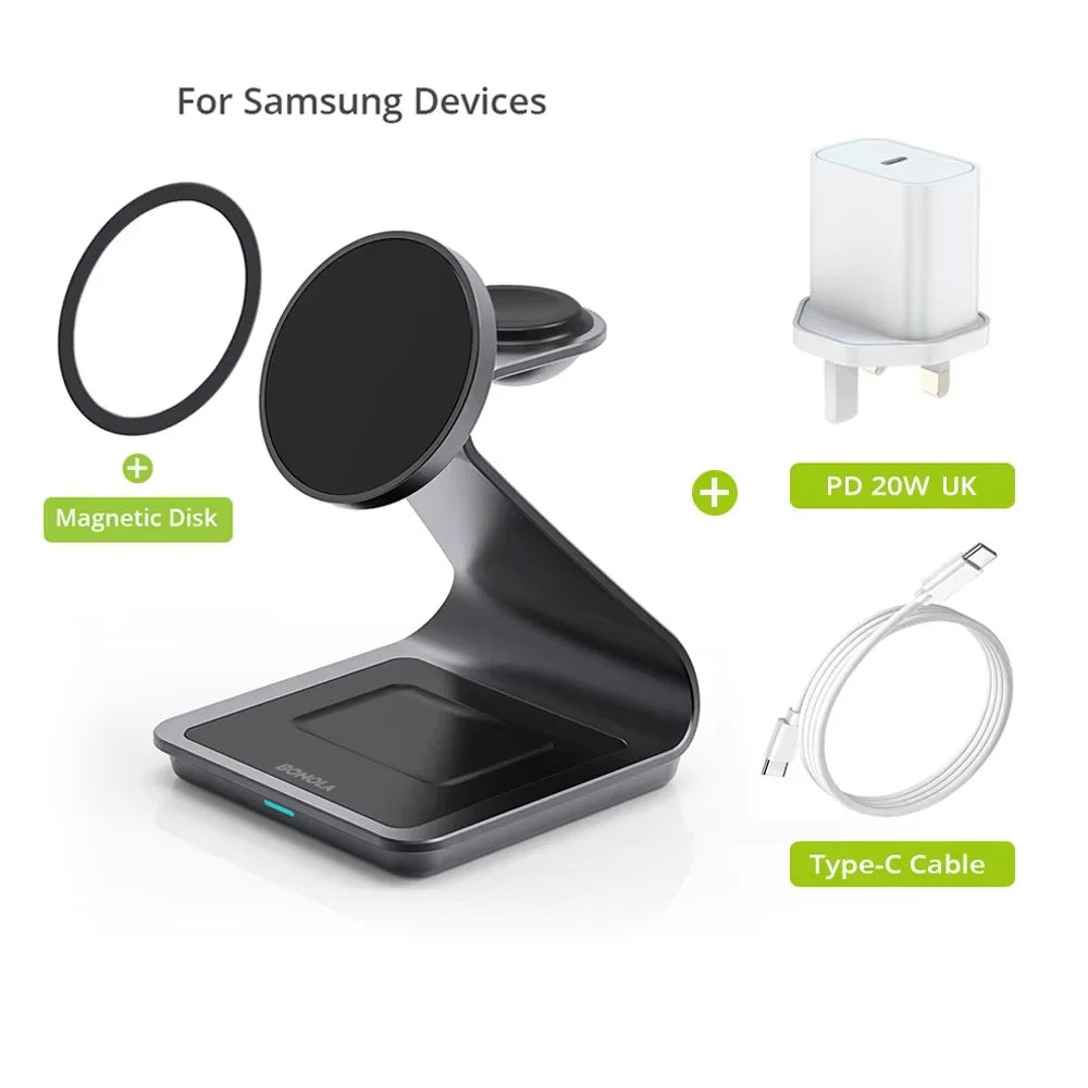 Bonola 3-in-1 Magnetic Wireless Charger Stand, Black, for Samsung Galaxy S24 Ultra + Watch + Earbuds
