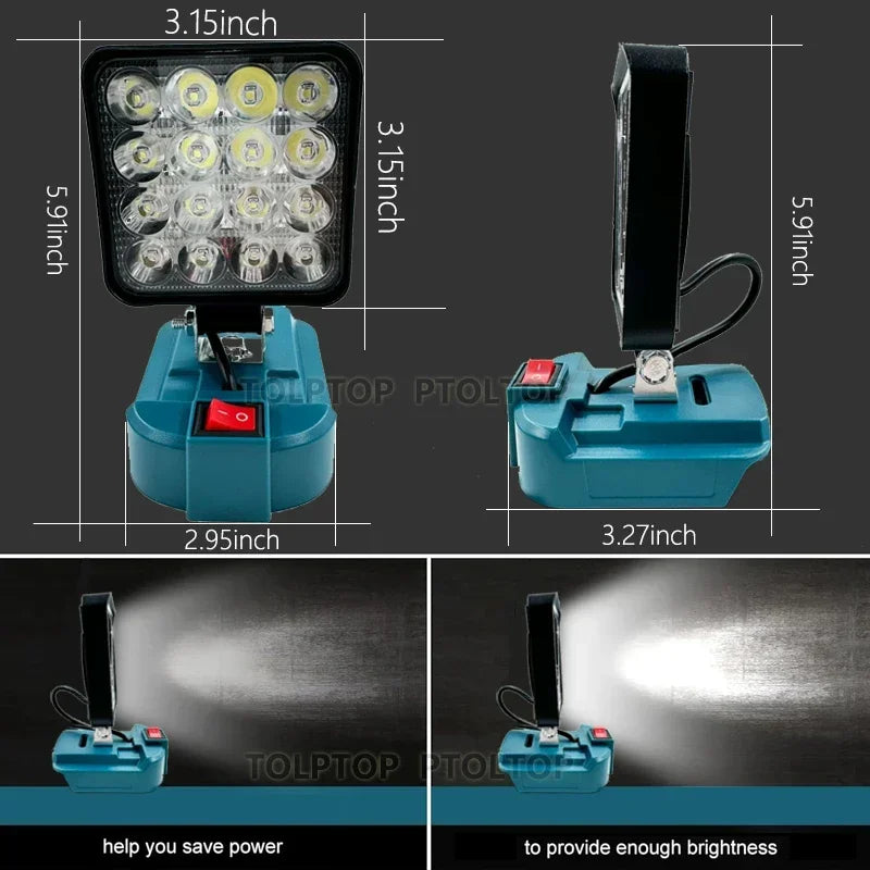LED work light for Makita 14.4V/18V Li-ion battery, 3in/4in, USB option, black/blue