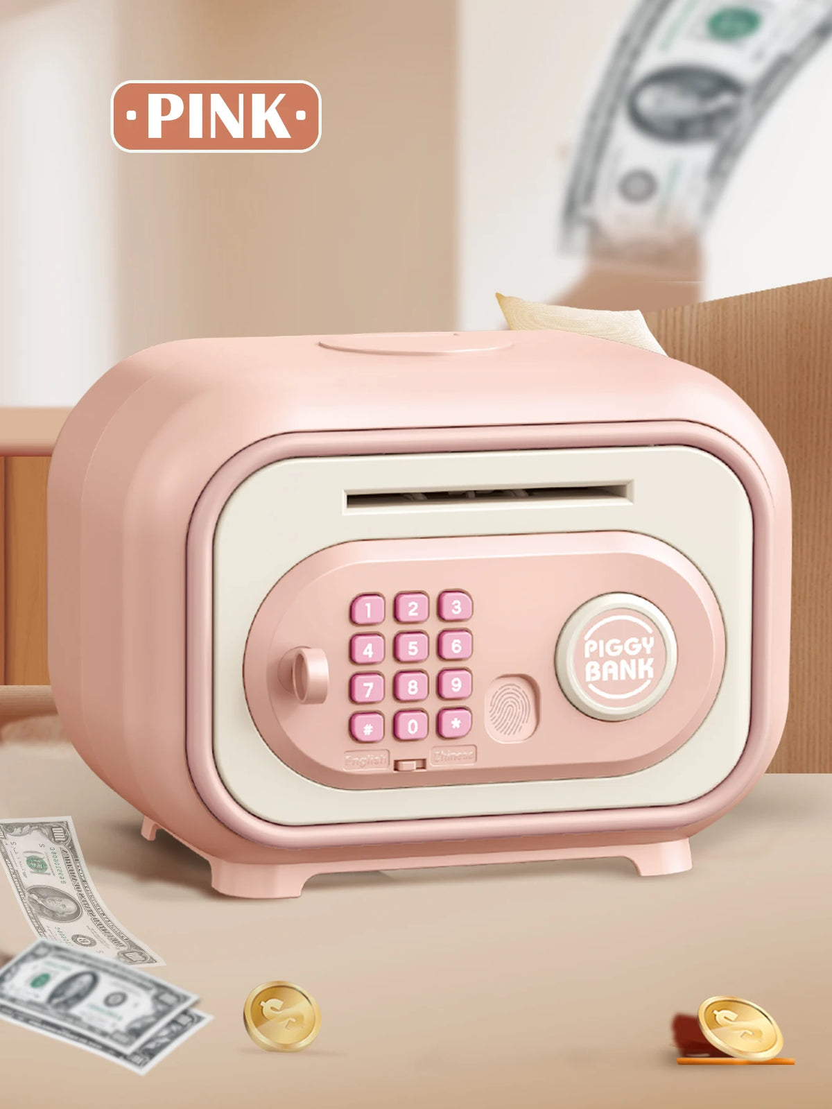 Kids ATM Piggy Bank Money Box with Fingerprint & Password Lock, Large Capacity, Pink/Green