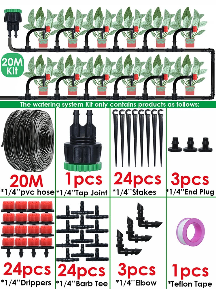 KESLA Garden 1/4'' Drip Irrigation Kit Automatic Watering System Nozzles for Farmland Bonsai Plant Flower Vegetable Greenhouse