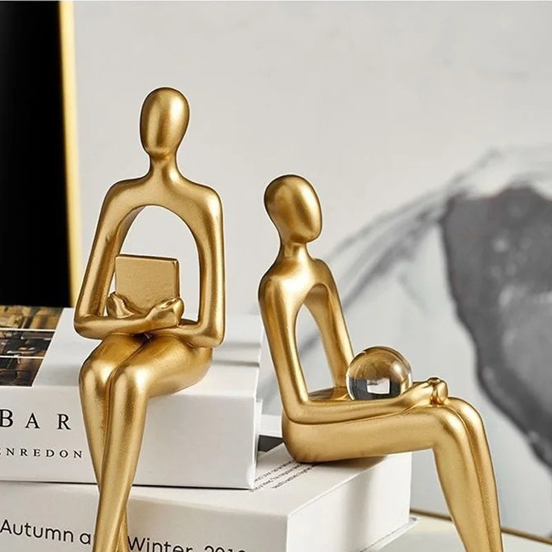 Gold Thinker Statue Bookshelf Sculpture Figurine, Holding Book Style, Modern Desk Decor
