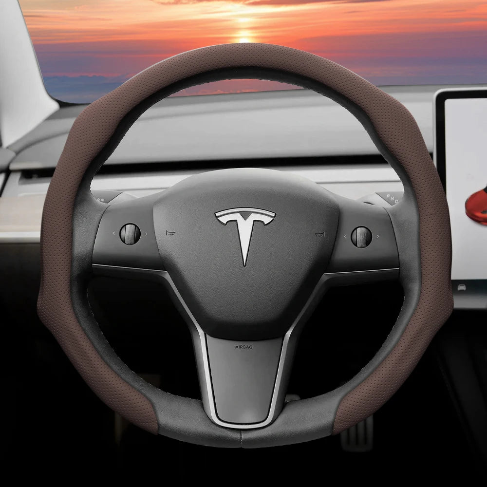 Suitable for Tesla Perforated Leather Steering Wheel Cover, Non-Slip, Sweat-Absorbent, Breathable, Integrated Snap-On Protective Case for Model 3 Y S X and Other Models, Available in Black, Orange, Red, White, Green