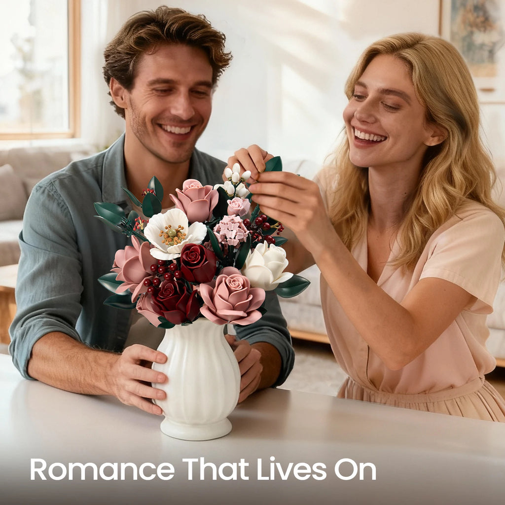 Pink Roses Bouquet Building Set Artificial Flowers Plants Home Office Room Decor Valentines Day Christmas Gifts for Adults Women