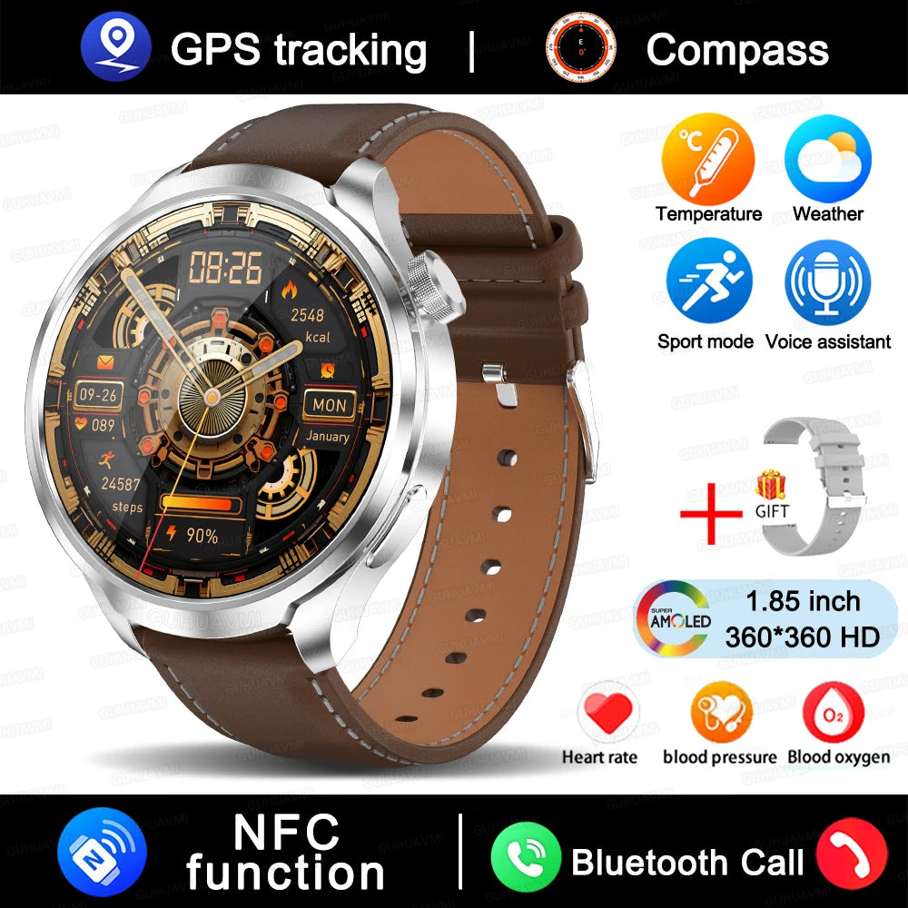 1.85" HD Big Screen Smart watch For men Sports NFC Watch Bluetooth Call Blood Pressure Temperature GPS Sport Track smart watch