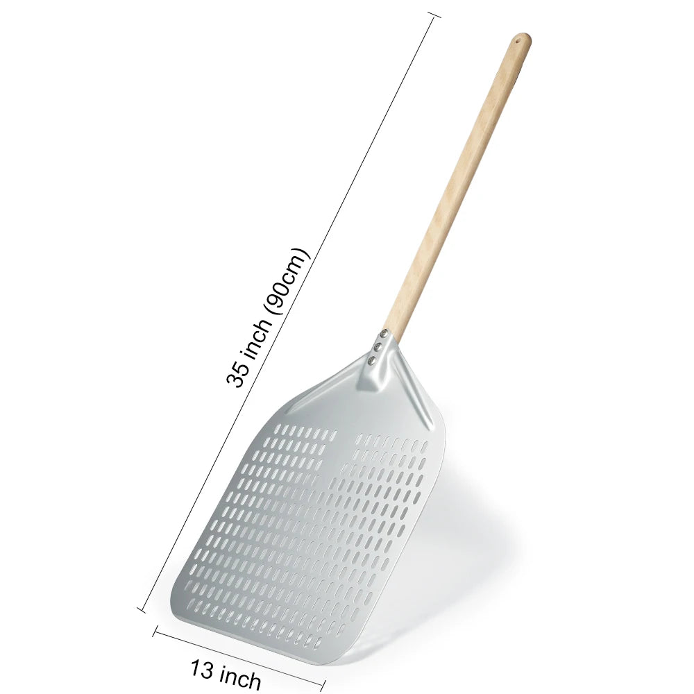 SHANGPEIXUAN Perforated Pizza Peel with Turning Pizza Peel Wood Handle Pizza Shovel Anodized Short Spatulas Baking Tools