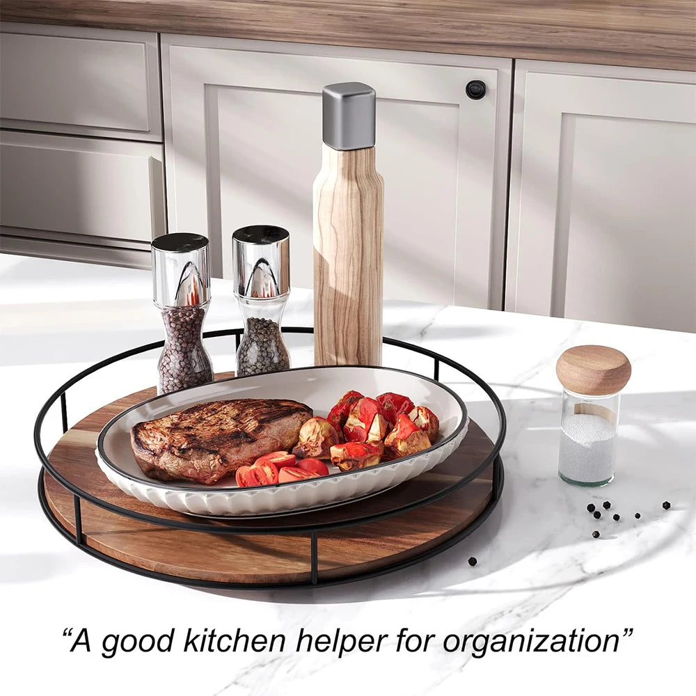 LMETJMA Acacia Wood Lazy Susan Turntable with Metal Frame Kitchen Susans Organizer Countertop Storage Wooden Serving Tray Rack
