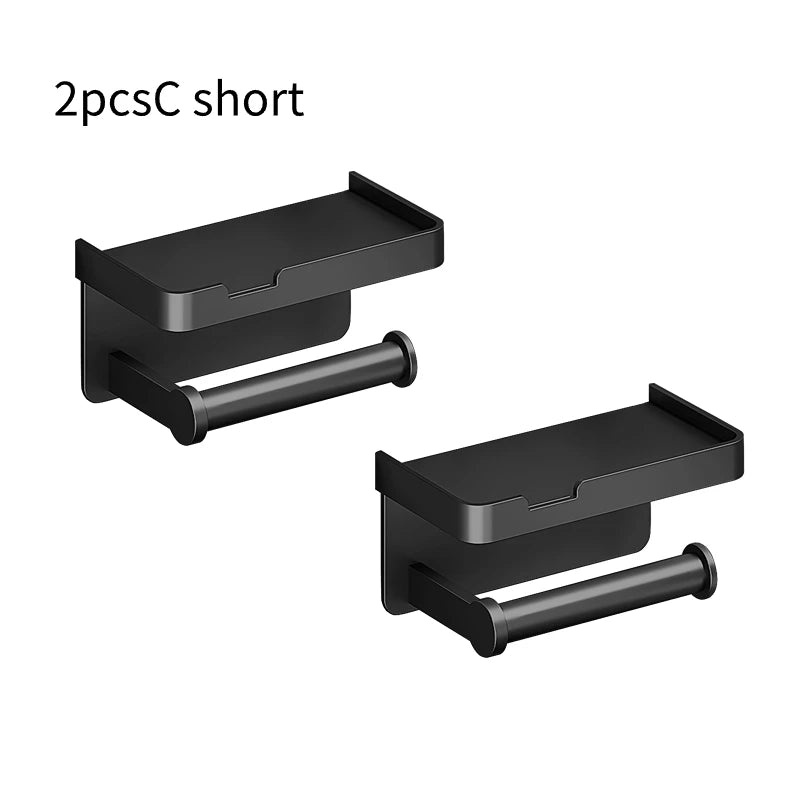 Aluminum Alloy Wall-Mounted Toilet Paper Holder with Shelf Phone Stand, Black/White/Grey, 2pcs