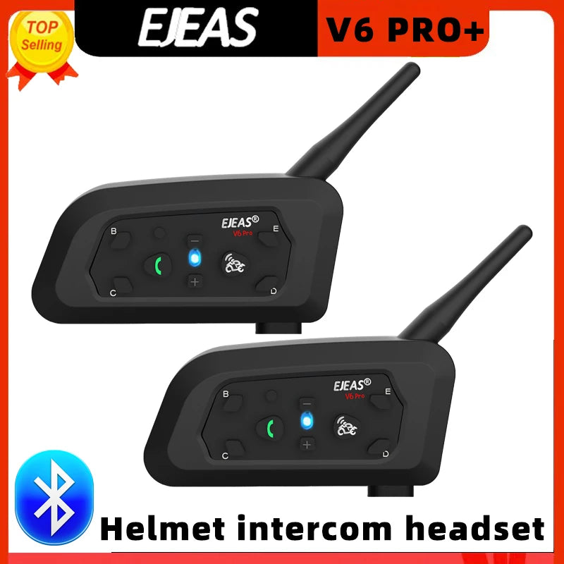 EJEAS V6 PRO + Bluetooth Motorcycle Helmet Intercom Headset with 800M BT Interphone Communicator for 6 Riders Waterproof MP3
