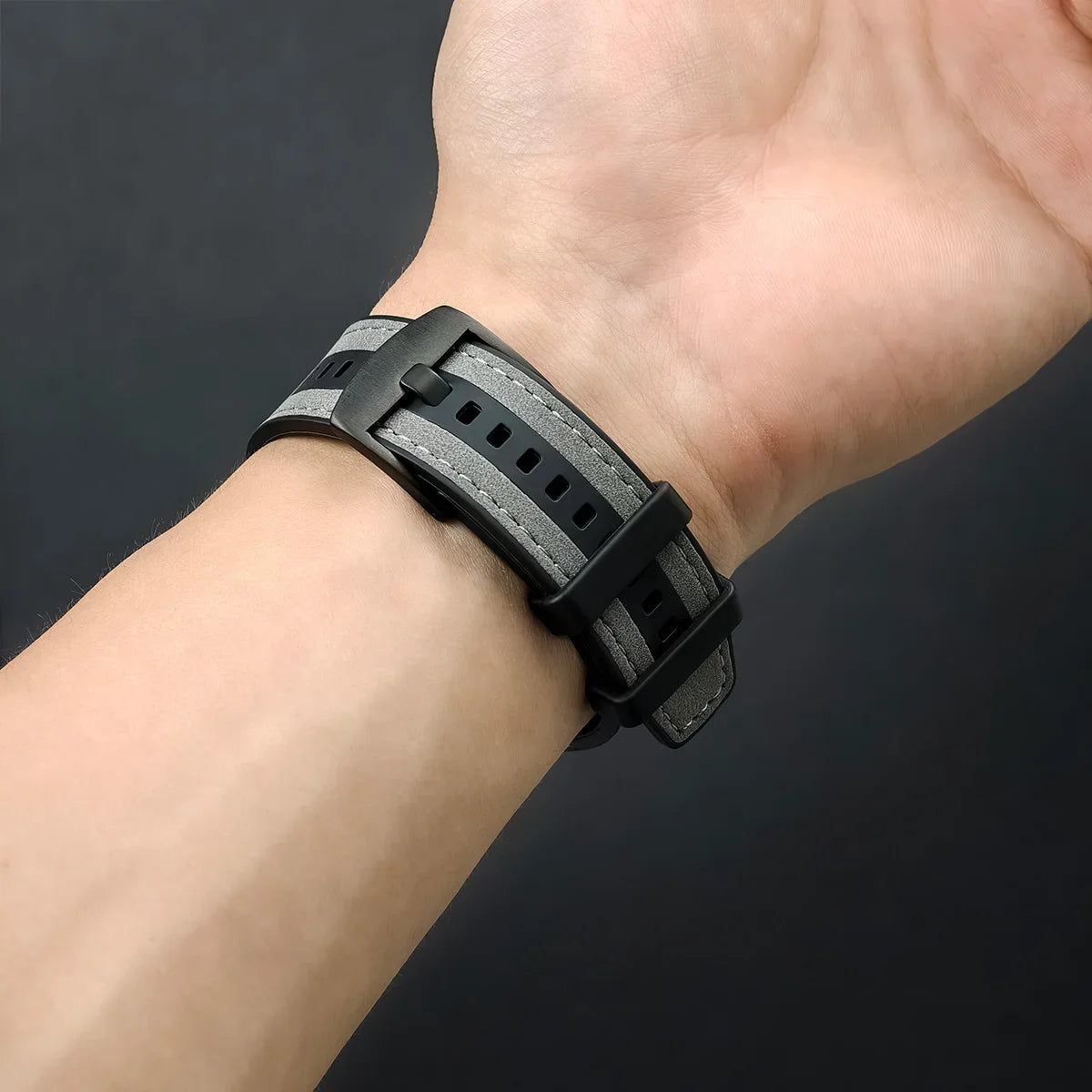 22mm Leather Silicone Watch Band Replacement Strap, Black/White, for Galaxy Watch 3 45mm