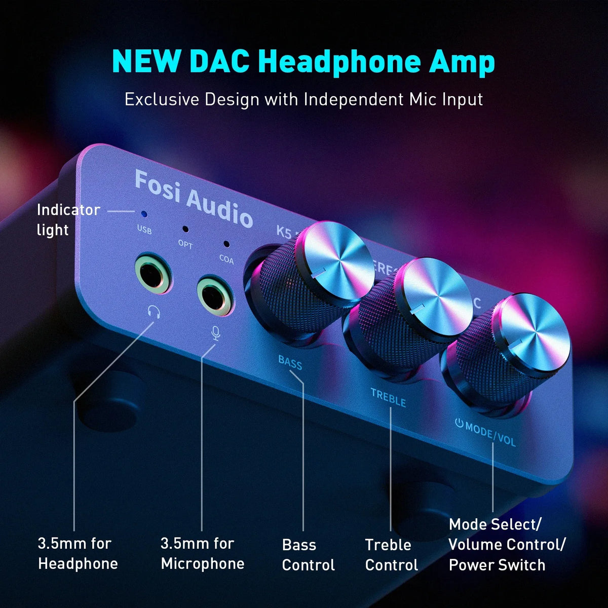 Fosi Audio K5 PRO Mini Stereo Gaming USB C Audio Headphone Amplifier DAC AMP with Mic for PS5 Desktop Powered Active Speakers