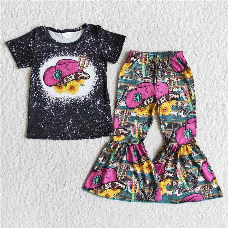 Wholesale No Moq Mama Baby Girl Clothes Short Sleeve Shirt Leopard Bell Bottom Pants Outfits Toddler Children Mother's Day Set