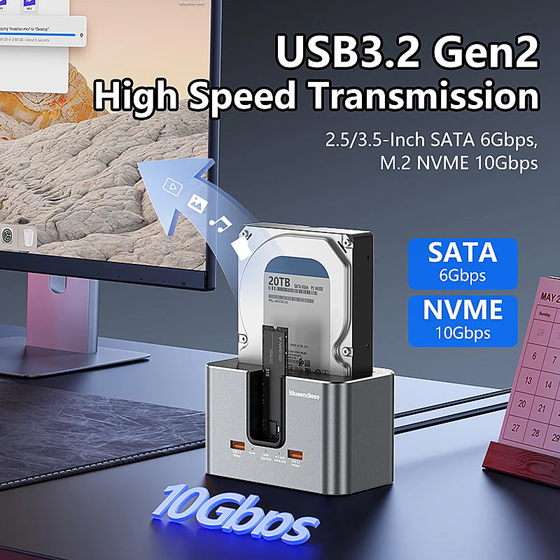 Blueendless M.2 NVMe/SATA & 2.5/3.5in SATA SSD/HDD Docking Station with USB 3.2 Hub, HD01SN