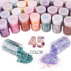 45 Colors Holographic Loose Glitter Mix Set - Chunky Hexagon + Fine Powder for Nail Art & Resin