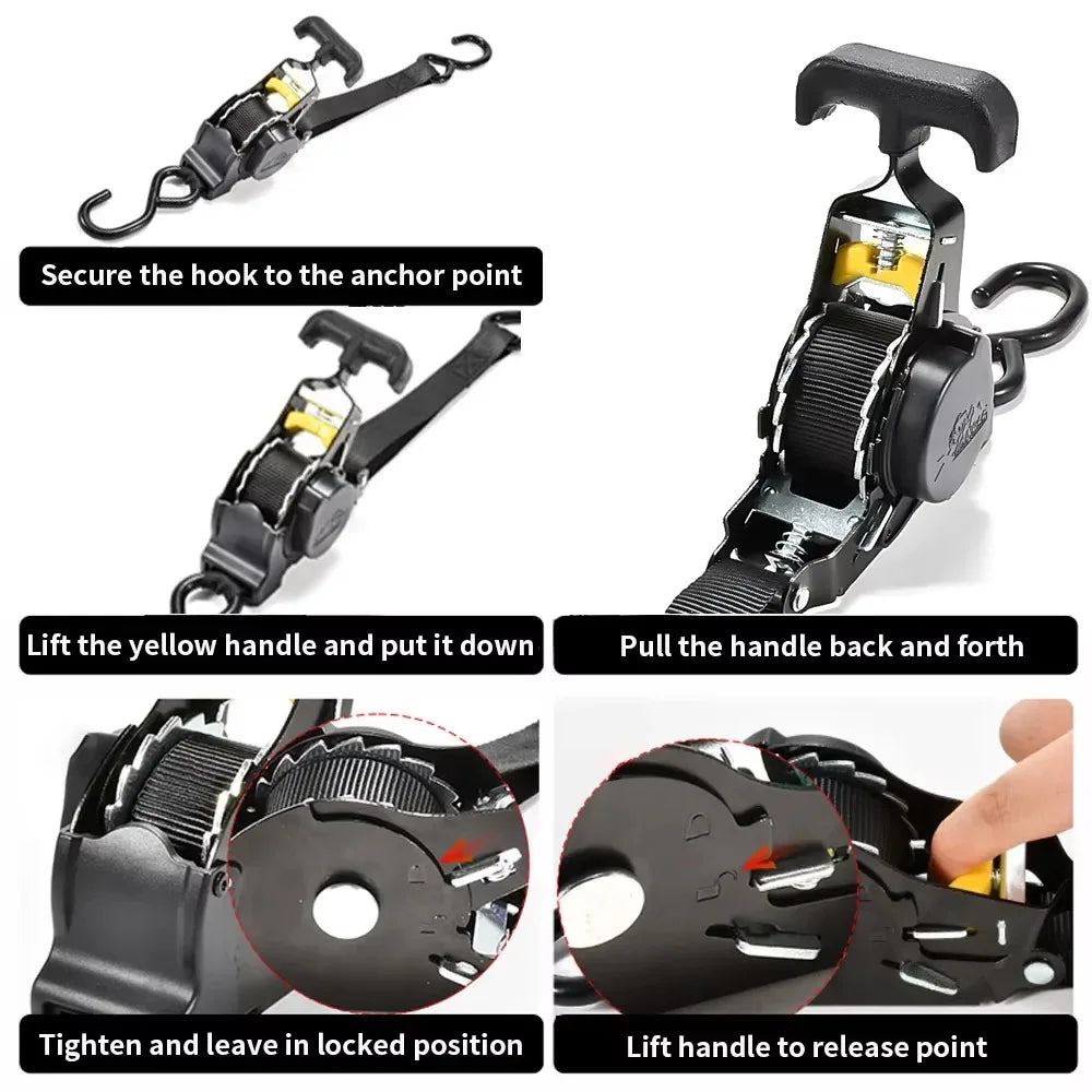 Auto Retractable Ratchet Tie Down Strap with S Hooks, Heavy Duty, Black