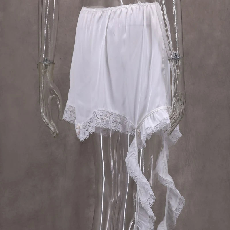 Sexy Lace White Asymmetrical Midi Skirts Street Chic Satin High Waist Slim Skirt Summer Casual Solid Skirt Female 2025