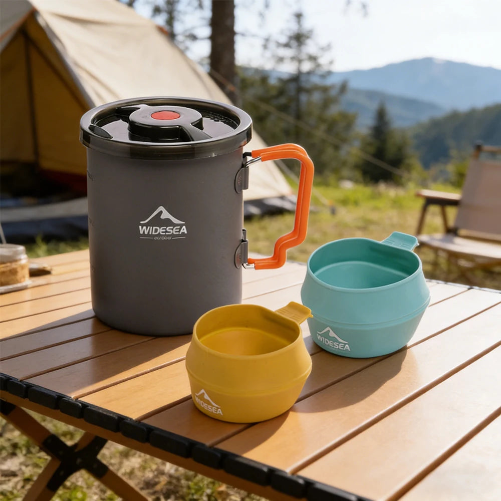 Widesea Camping Coffee Pot Set Portable French Press with Foldable Silicone Bowls Hard Anodized Aluminum Outdoor Coffee Maker fo