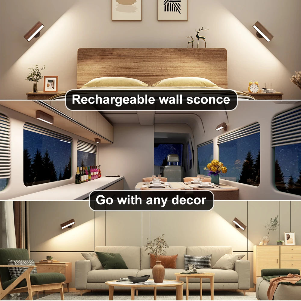 2 Pack Nordic Solid Wood Wall Sconces Rechargeable Night Lamps 360 Rotation Dimmable Touchable Wall Reading Lights for Bedside