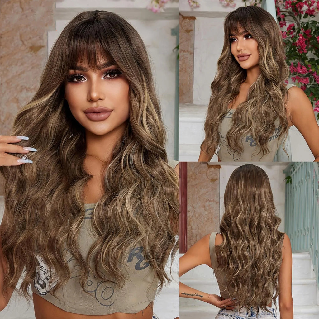 Long wavy synthetic wig with bangs, brown heat resistant, includes wig cap, 1pc
